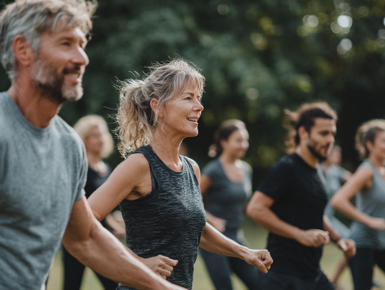 Люди зрілого віку виконують вправи на природі